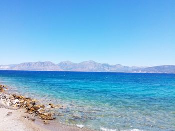Scenic view of sea against clear blue sky