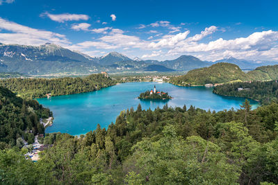 Scenic view of lake by mountains against sky