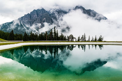 Panoramic view of lake and mountains against sky