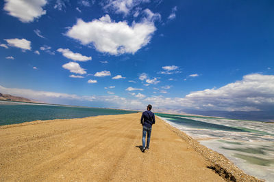 Rear view of man on beach against sky