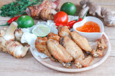 High angle view of food in plate on table