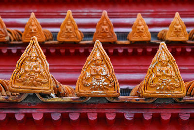 Close-up of sculpture on roof of temple