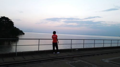 Rear view of man standing on railing against sea