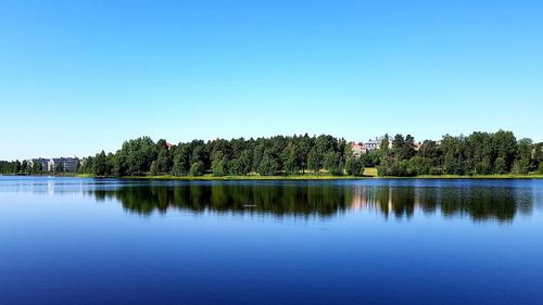 Scenic view of lake against clear blue sky