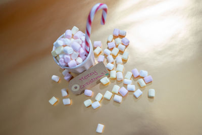 High angle view of candies on table