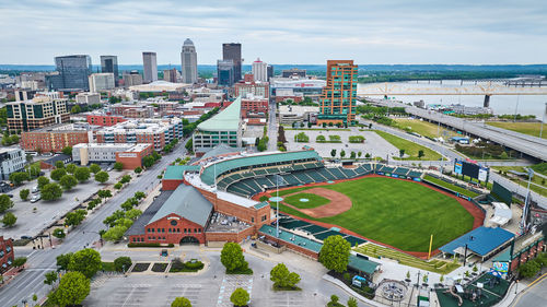 High angle view of buildings in city