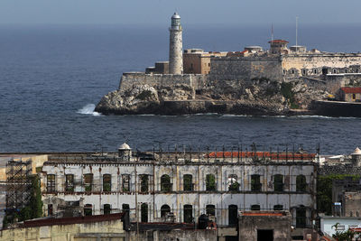 High angle view of fort in sea