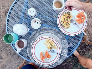 High angle view of breakfast on table