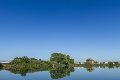 Reflection of trees in lake against clear blue sky