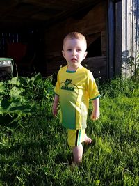 Cute boy looking away while standing on grass