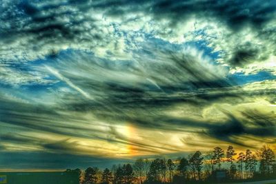 Silhouette trees against dramatic sky during sunset