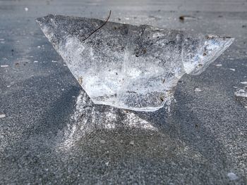 High angle view of snow on wet land