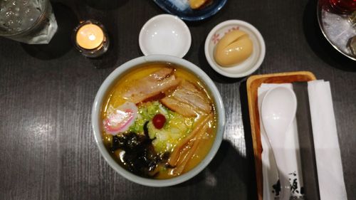 High angle view of breakfast served on table