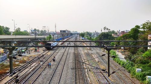 High angle view of railroad tracks against clear sky
