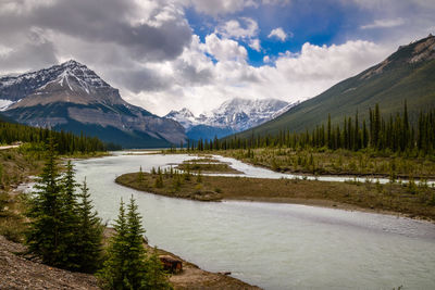 Scenic view of lake by mountains against sky