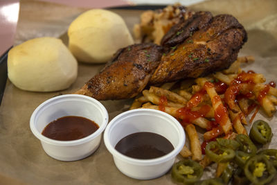 High angle view of food in plate on table