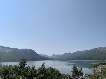 Scenic view of lake and mountains against clear blue sky