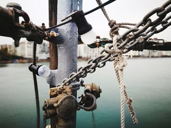Close-up of padlocks on rope