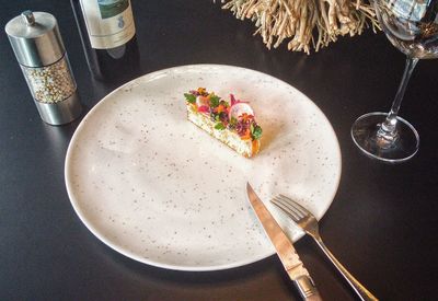 High angle view of meal served on table