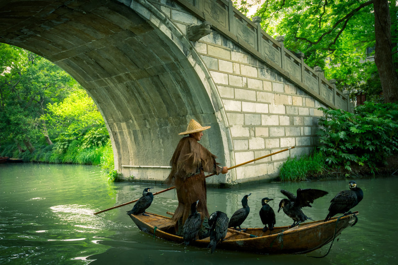 water, transportation, nautical vessel, hat, mode of transportation, tree, nature, architecture, river, oar, built structure, people, plant, day, bridge, bridge - man made structure, clothing, rowing, gondola - traditional boat, outdoors, rowboat, paddling