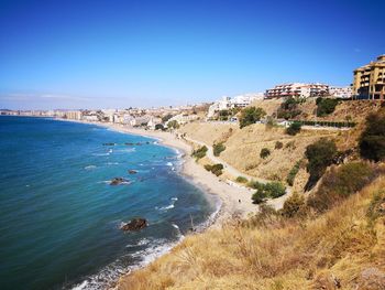 Scenic view of sea against clear blue sky