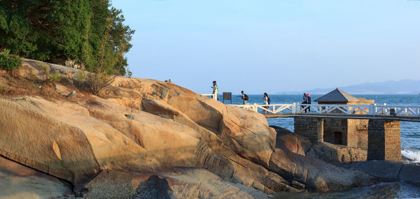 Rear view of woman overlooking sea against clear sky