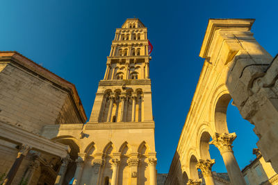 Diocletian's palace, pillars in front of the bell tower of the cathedral of saint domnius in split.