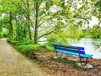 Empty bench by lake