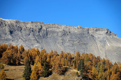 Low angle view of mountain against clear blue sky 