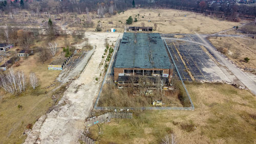 High angle view abandoned building at farm