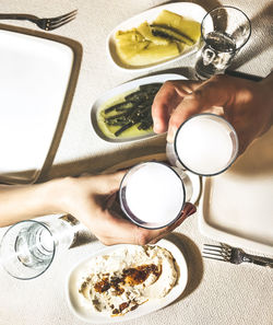 High angle view of breakfast on table