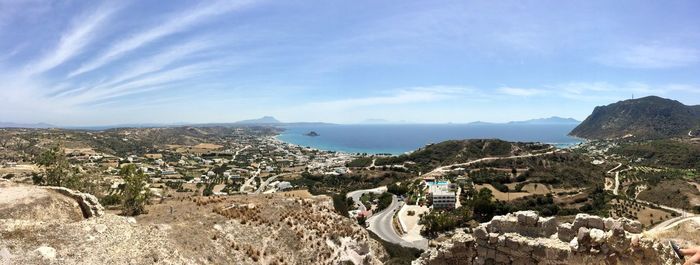 High angle view of landscape and sea against sky