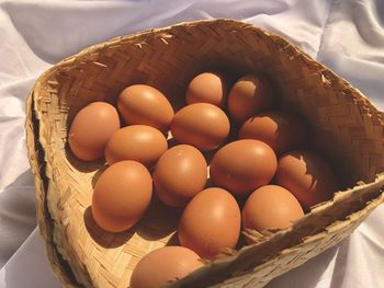 High angle view of brown eggs in basket