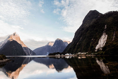 Scenic view of lake and mountains against sky