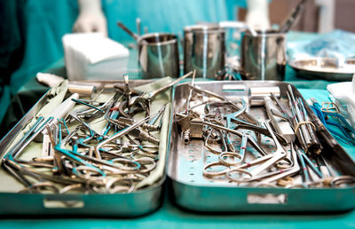 Close-up of medical equipment on table