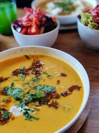 Close-up of soup in bowl on table