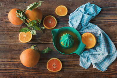 High angle view of fruits and vegetables on cutting board