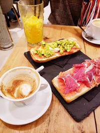 High angle view of breakfast on table