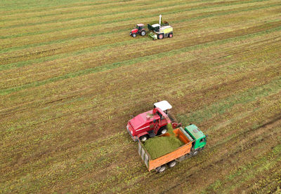 High angle view of tractor on agricultural field