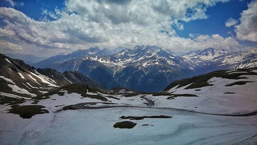 Scenic view of snowcapped mountains against sky