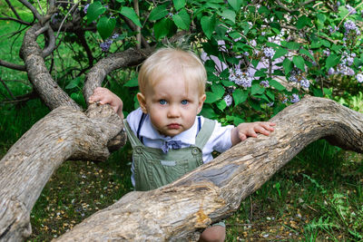 Adorable little boy with blue eyes near to tree in blossom spring garden with purple lilac flowers.