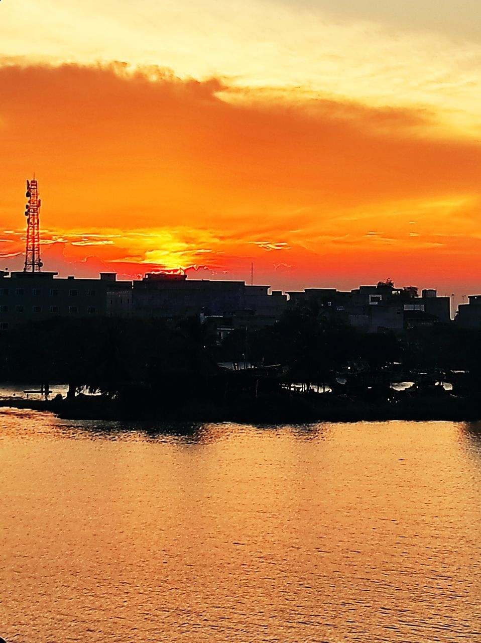 SCENIC VIEW OF RIVER AGAINST ORANGE SKY