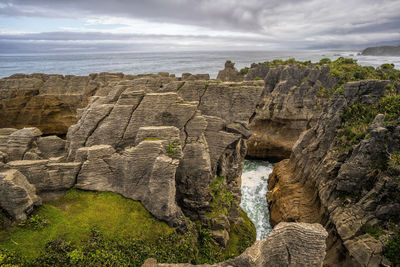 Rock formations by sea against sky