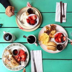 High angle view of breakfast on table