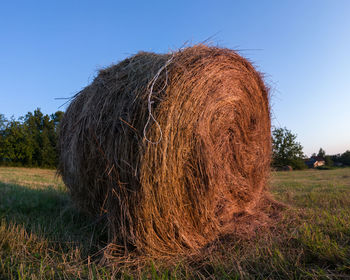 Hay bales on field against clear sky