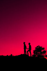 Silhouette people standing on field against sky during sunset