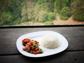 High angle view of meal served on table