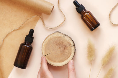 High angle view of beauty products on table