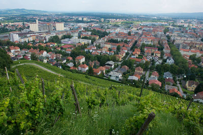 High angle view of buildings in city