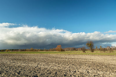 Cloud coming over a plowed field, forest on the horizon, view on a sunny day